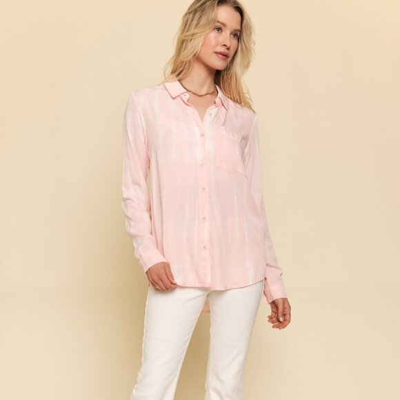 MYSTREE Pink Tie-Dye Button Down Blouse, Long Sleeve Collared Shirt, Casual Chic - Picture 5 of 8